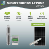 Submersible Solar Pump 2.1-120 | 2,100l/Hr | Max Head 90m | 48V 540W | 3"